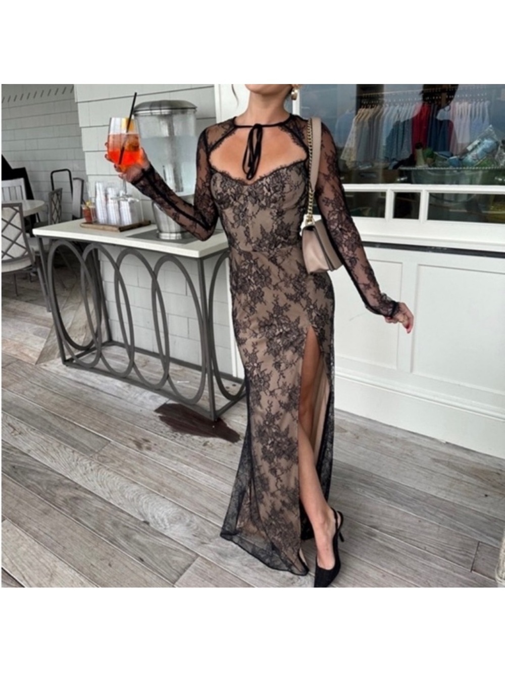 Katie May Persia Black Lace Formal Bow Formal Maxi Dress with Nude Lining M